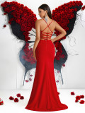 Women Red Off Shoulder Spaghetti Strap Rose Butterfly Slit Formal Party Evening Dress