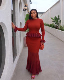Women Elegant Knit Ruffle Top Bodycon Midi Skirt Two Piece Set