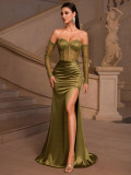 Women Lace See-Through Sleeve Slit Formal Party Evening Dress
