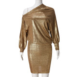 Women Spring Slash Shoulder Long Sleeve Shiny Dress