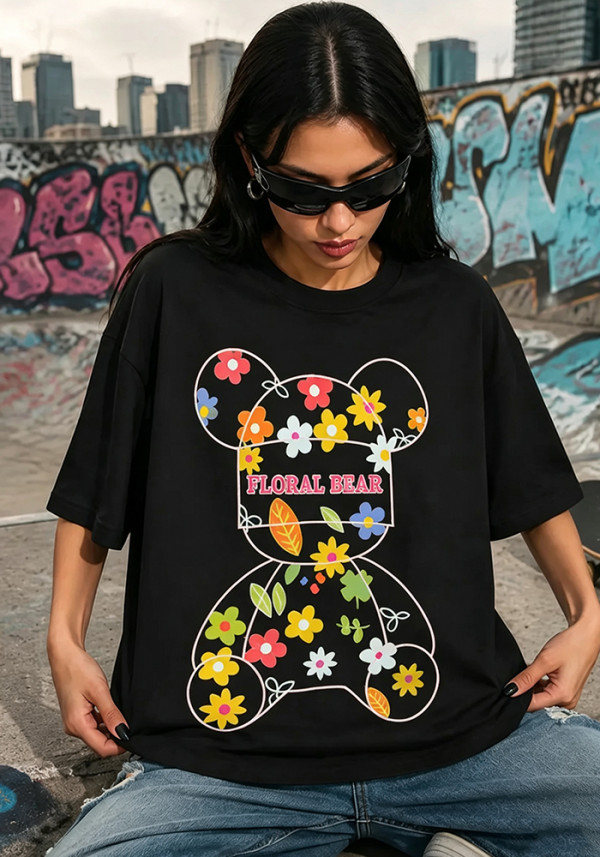 Women Cartoon Multi-Color Floral Print Cotton Short Sleeve T-Shirt Summer Top