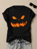Women Halloween Pumpkin Print Summer Black Round Neck Short Sleeve T-Shirt
