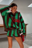 Women Color Block Striped V-Neck Knit Long Sleeve Top and Shorts Two Piece Set