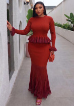 Women Elegant Knit Ruffle Top Bodycon Midi Skirt Two Piece Set Women Elegant Knit Ruffle Top Bodycon Midi Skirt Two Piece Set