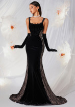Women Black Velvet Lace Mermaid Spaghetti Strap Boned Formal Party Train Evening Dress Women Black Velvet Lace Mermaid Spaghetti Strap Boned Formal Party Train Evening Dress