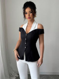 Women Halter Neck Color Block Patchwork Blouse Top