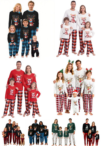 Autumn Winter Christmas Santa Claus and Little Deer Printed Long Sleeve Top and Pants Pajama Set
