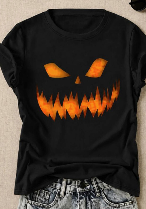 Women Halloween Pumpkin Print Summer Black Round Neck Short Sleeve T-Shirt