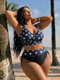 Plus Size Women V Neck Sexy Polka Dot Print Bikini Two Pieces Swimsuit