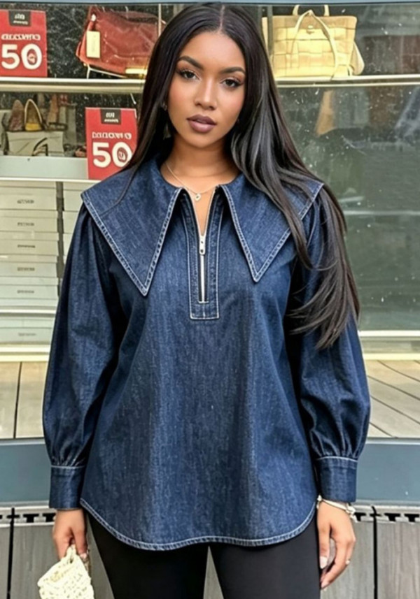 Women’s Chic Peter Pan Collar Washed Long Sleeve Denim Shirt