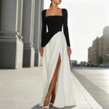 Women’s Summer Fashion Sexy Color Block Square Neck Solid Split Long Sleeve Dress