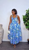Women’s Fall Sleeveless Halter Neck V-Neck Printed Slim Waist Ruched Chic Dress