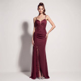 Women’s Evening Beaded Lace Mesh Split Strap Satin Chiffon Long Dress