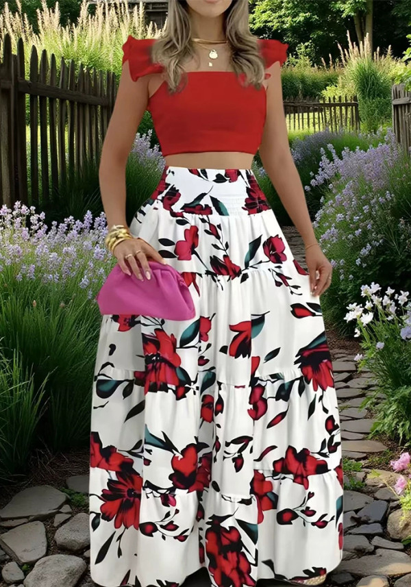 Women’s Summer Casual Solid Top Floral Print Long Skirt Two-Piece Set