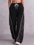 Women’s Color Block Lace Patchwork Drawstring High-Waist Casual Wide-Leg Sweatpants