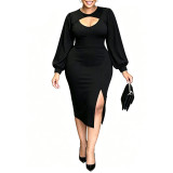 Women’s Fall Plus Size Elegant Career Puff Sleeve Dress