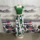 Women’s Summer Casual Solid Top Floral Print Long Skirt Two-Piece Set