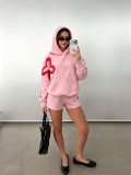 Women’s Streetwear Applique Hooded Loose Drop Shoulder Top Casual Shorts Two-Piece Sports Set