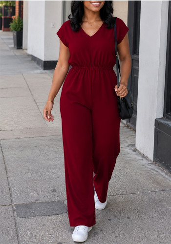 Women’s V-Neck Casual Solid Pocket Slim Waist Wide-Leg Jumpsuit
