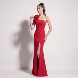 Women’s One-Shoulder Satin Beaded Split Formal Party Long Dress