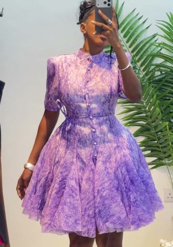 African Women’s Chic Elegant Printed Single-Breasted Irregular Short Sleeve Dress