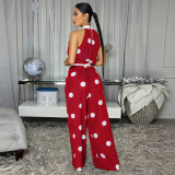 Women’s Polka Dot Print Halter Neck Sleeveless Jumpsuit