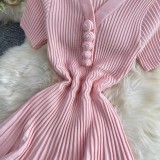 Women’s Textured Ruched Button V-Neck Short Sleeve Slim Fit A-Line Knitted Dress