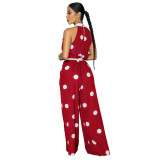 Women’s Polka Dot Print Halter Neck Sleeveless Jumpsuit