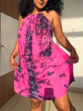 Women’s Plus Size Summer Casual Holiday Tie-Dye Halter Neck Short Dress