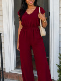 Women’s V-Neck Casual Solid Pocket Slim Waist Wide-Leg Jumpsuit