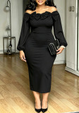 Women’s Spring Fall Plus Size Elegant Career Bow Puff Sleeve Long Sleeve Cocktail Dress
