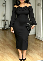 Women’s Spring Fall Plus Size Elegant Career Bow Puff Sleeve Long Sleeve Cocktail Dress