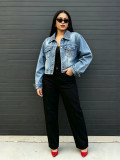 Women’s Streetwear Embroidered Cutout Washed Denim Jacket