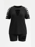Women’s Plus Size Summer Elegant Casual Cutout Short Sleeve T-shirt and Shorts Two-Piece Set