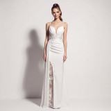 Women’s Evening Beaded Lace Mesh Split Strap Satin Chiffon Long Dress