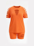 Women’s Plus Size Summer Elegant Casual Cutout Short Sleeve T-shirt and Shorts Two-Piece Set