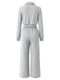 Women’s Fall Winter Casual Turndown Collar Top Drawstring Pocket Wide-Leg Pants Two-Piece Set