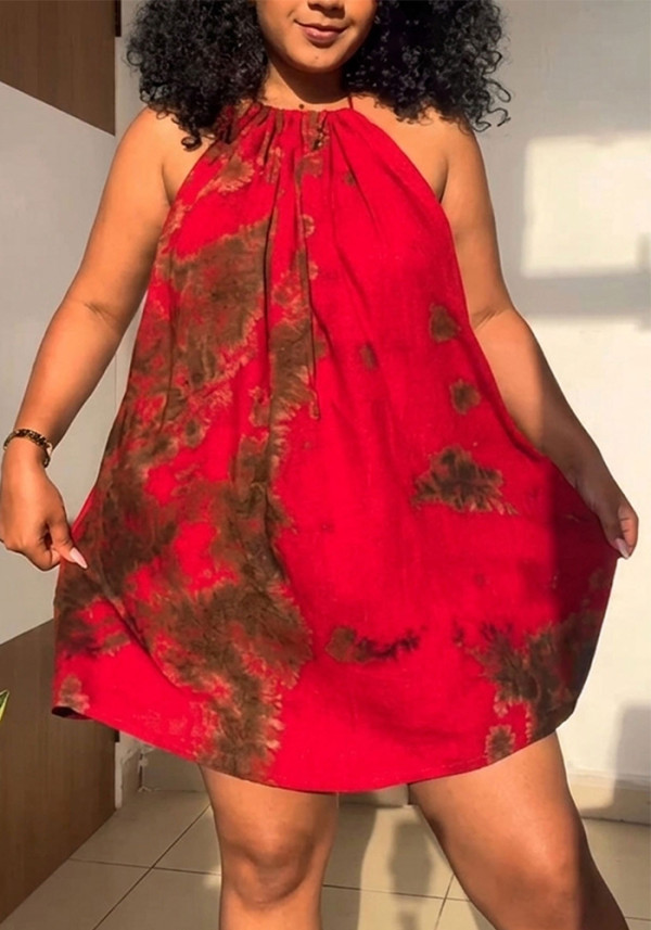 Women’s Plus Size Summer Casual Holiday Tie-Dye Halter Neck Short Dress