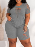 Women’s Plus Size Summer Elegant Casual Cutout Short Sleeve T-shirt and Shorts Two-Piece Set