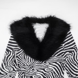 Women’s Fashion Zebra Print Patchwork Fur Collar Long Sleeve Slim Fit Open Waist Top