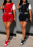 Women’s Letter Jacket Casual Sports Color Block Button-Up Shorts Two-Piece Set