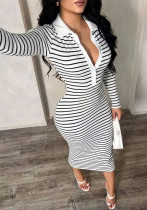 Women’s Spring Fall Party Turndown Collar Slim Fit Bodycon Striped Long Dress Women’s Spring Fall Party Turndown Collar Slim Fit Bodycon Striped Long Dress