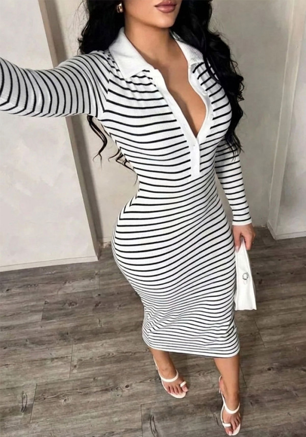 Women’s Spring Fall Party Turndown Collar Slim Fit Bodycon Striped Long Dress