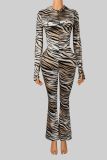 Women’s Letter Trendy Leopard Print Hooded Color Block Stretch Sports Jacket Top Pants Two-Piece Set