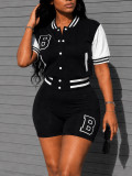 Women’s Letter Jacket Casual Sports Color Block Button-Up Shorts Two-Piece Set