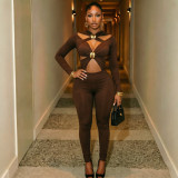 Women’s Sexy Solid Long Sleeve Cross Hollow Out Jumpsuit with Metallic Buckles