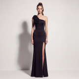 Women’s One-Shoulder Satin Beaded Split Formal Party Long Dress