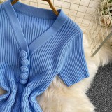 Women’s Textured Ruched Button V-Neck Short Sleeve Slim Fit A-Line Knitted Dress