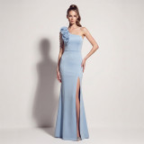 Women’s One-Shoulder Satin Beaded Split Formal Party Long Dress