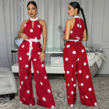 Women’s Polka Dot Print Halter Neck Sleeveless Jumpsuit